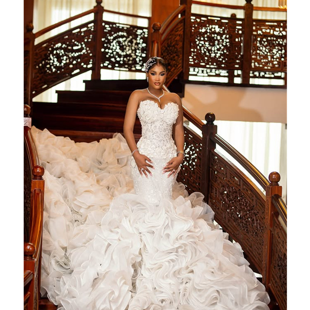 Luxury Strapless Mermaid Wedding Dress Long Puff Ruffles Bridal Gowns Beadings Backless Sleeveless Floral Brides Dress Vestidos De Novia Plus Size