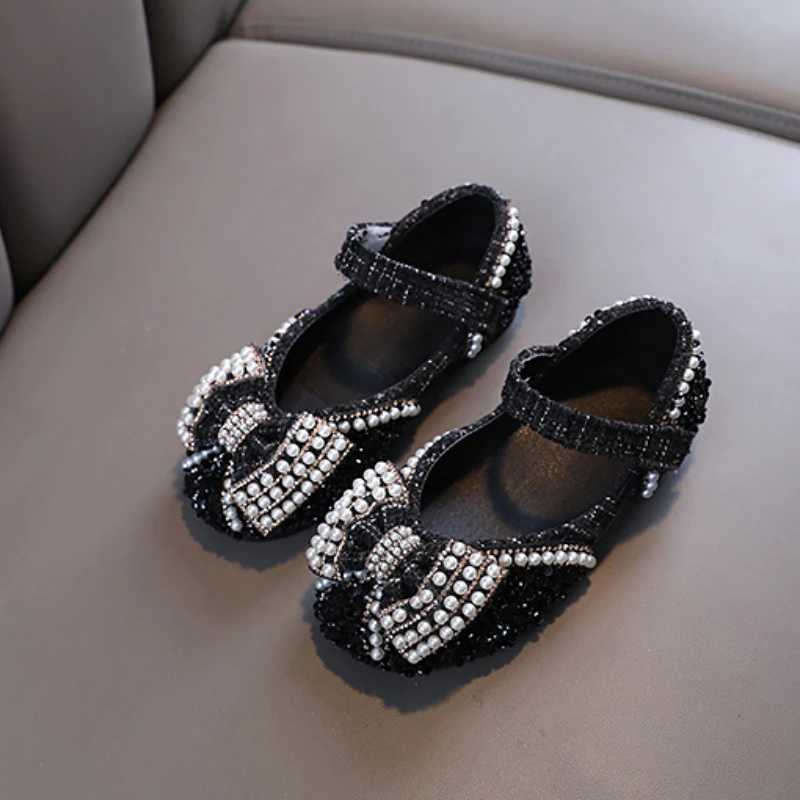 Elegant Girls Princess Shoes Beading Bowknot Four Colors Children Mary Janes Sweet Party 21-36 Beautiful Fashion Kids Flat ShoeT250306