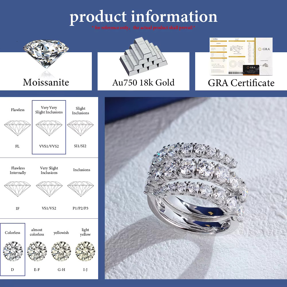 3 Rows 1.6mm - 4mm D VVS Moissanite Hip Hop Ring Wedding Jewelry 18K White Solid Gold Diamond Eternity Band Eternity Ring