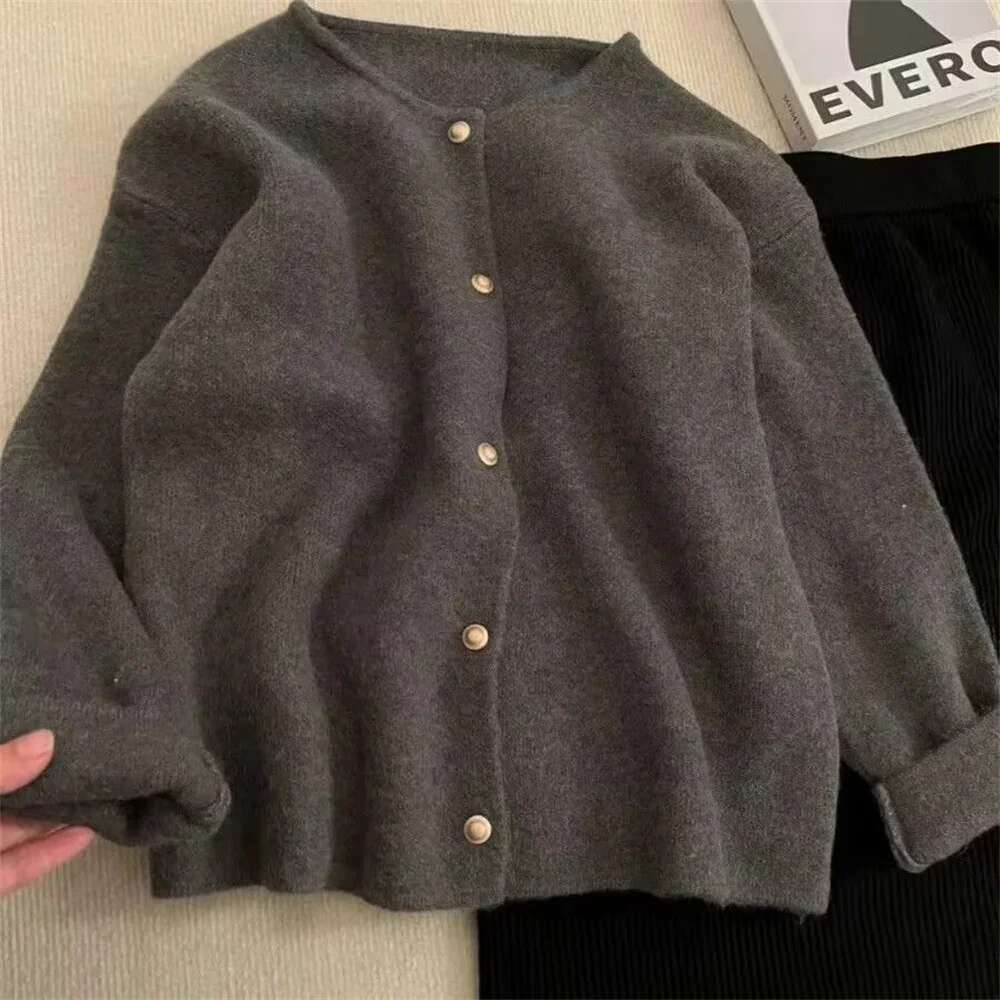 Korean Fashion Round Neck Knit Cardigan Spring Autumn Casual Long Sleeve Loose Wool Sweater For Women Knitwear Basic Coat Tops