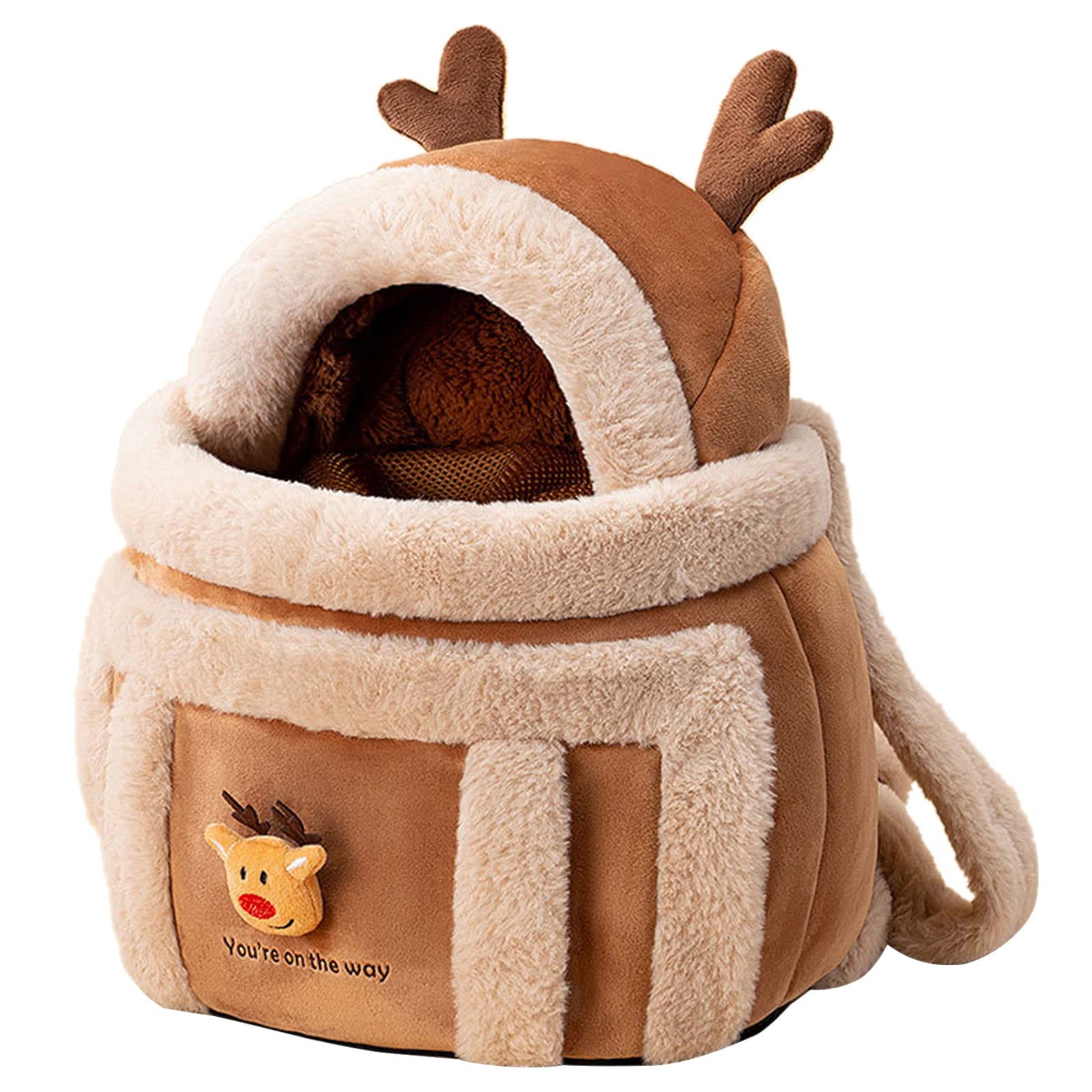 Carrier Bag Cat Backpack Carrier Dog Travel Bag Pet Winter Outdoor Carriers Plush Reindeer Bag with Hand Warmers