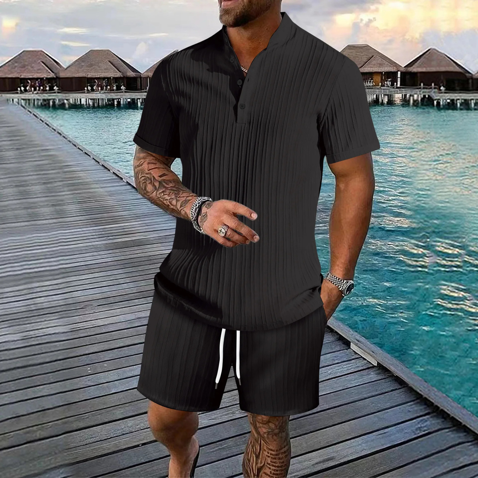 summer men Europe and the United States crossborder mens shirt casual loose short sleeve shorts beach suit 250306