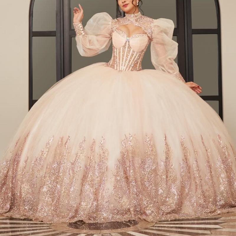 Champagne Shiny Quinceanera Dress Applique Lace Beads Tull With Cape Princess Ball Gown Sweet 16 Vestidos 15 De XV Anos Party Gown