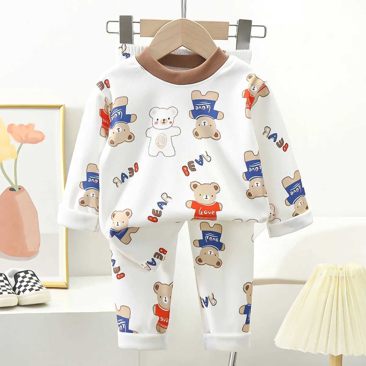New Kids Autumn Warm Pajamas Boys Girls Cute Cartoon Bear Long Sleeve T-Shirt Top + Pants Baby Sleepwear Underwear Clothing Sets M250306