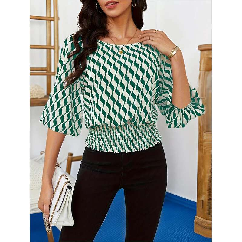 Women's Crew-Neck Print Sweet Little Fresh Seven-Point Sleeve Chiffon Shirt Top Breathable Casual Noble Commuter Dress