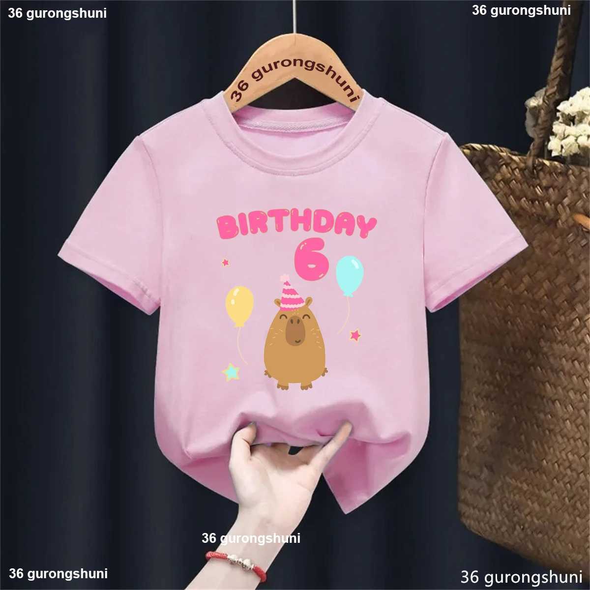 5th/6th/7th/8th/9th Birthday Capybara Balloon Printed Tshirt Girls/Boys Funny Kawaii Kids Clothes Fashion Solid T-Shirt TopsT250306