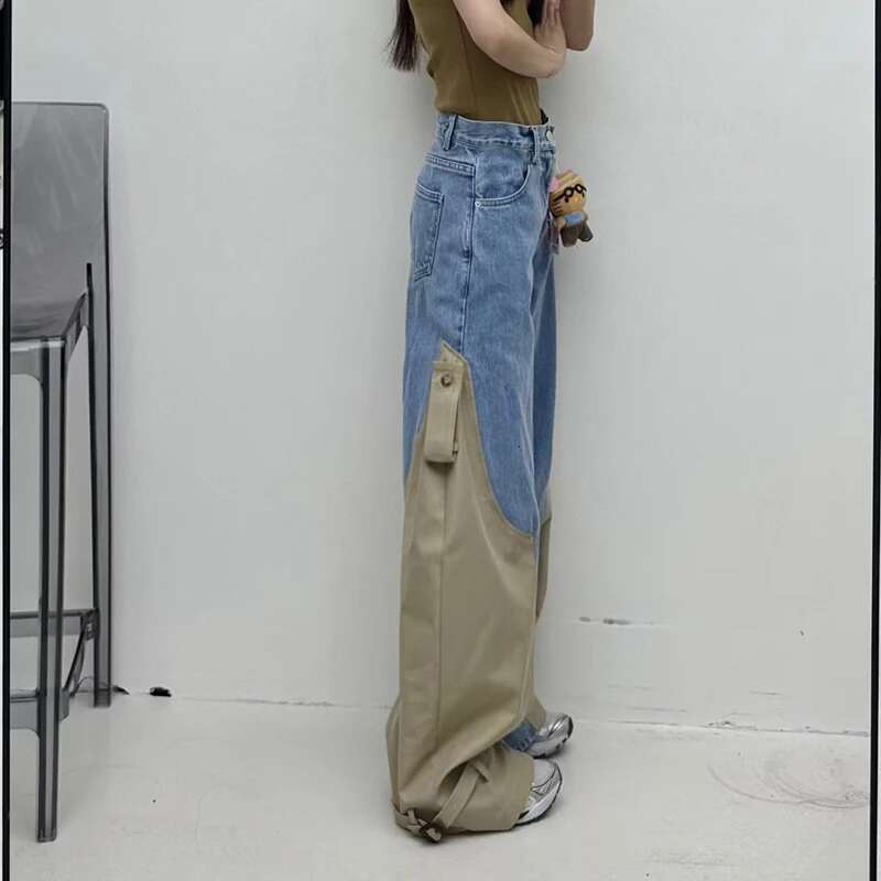 Women's Spliced Jeans, Heavy Duty Wide Leg Fashionable And Versatile Sports Pants, High Quality, Spring, New, 2025, Y2k