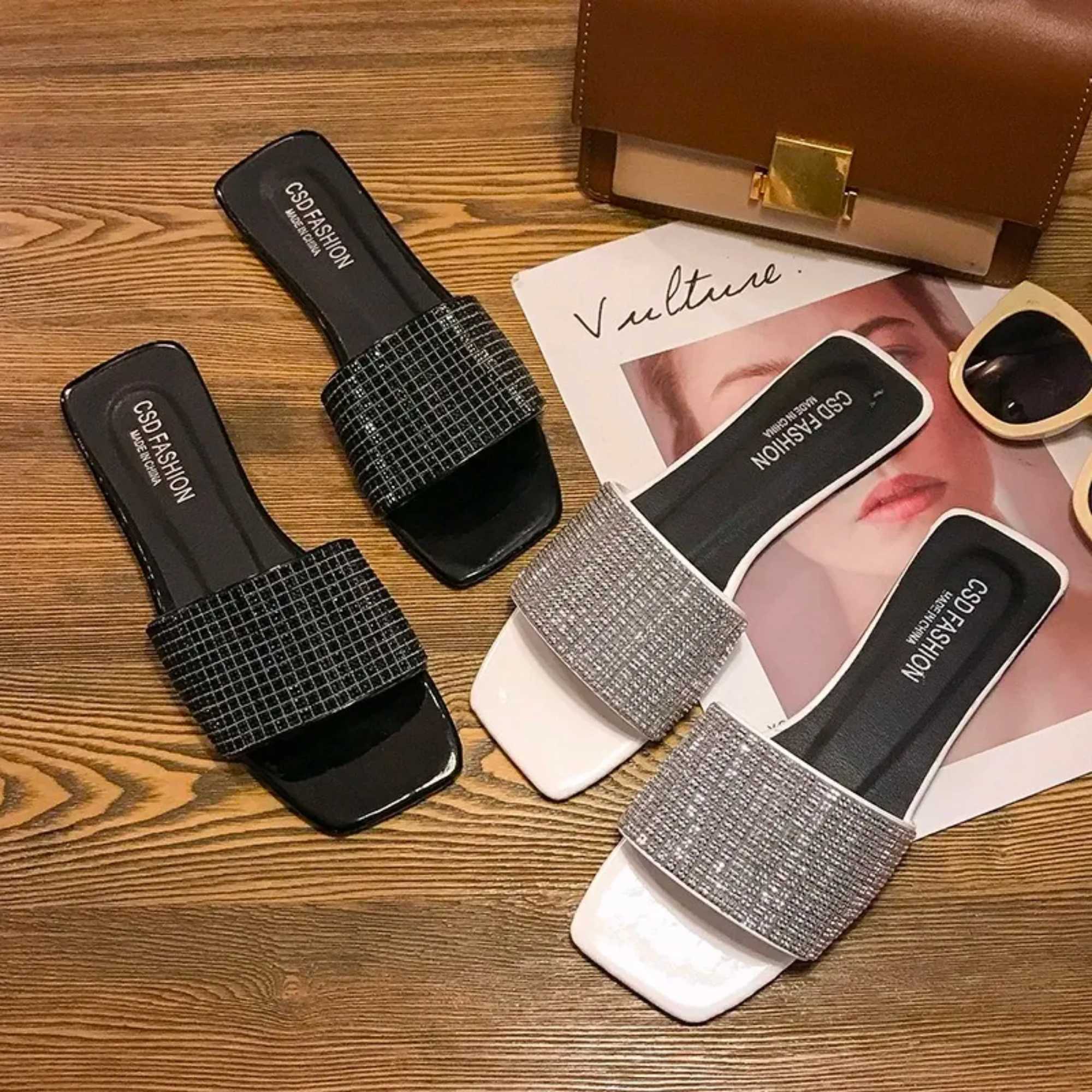 Ladies Slippers New Summer Fi Sequins Flat Slippers Outside Wear Beach Slides Casual Flip-flops Plus Size 42 Womens Shoes Y250306