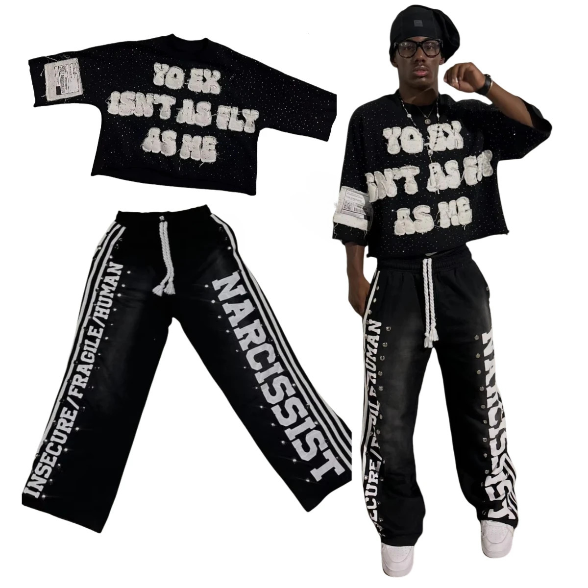 Gothic letter splicing work track set for men Y2k hiphop retro sequin striped clothing sports pants Tshirt twopiece street 250306
