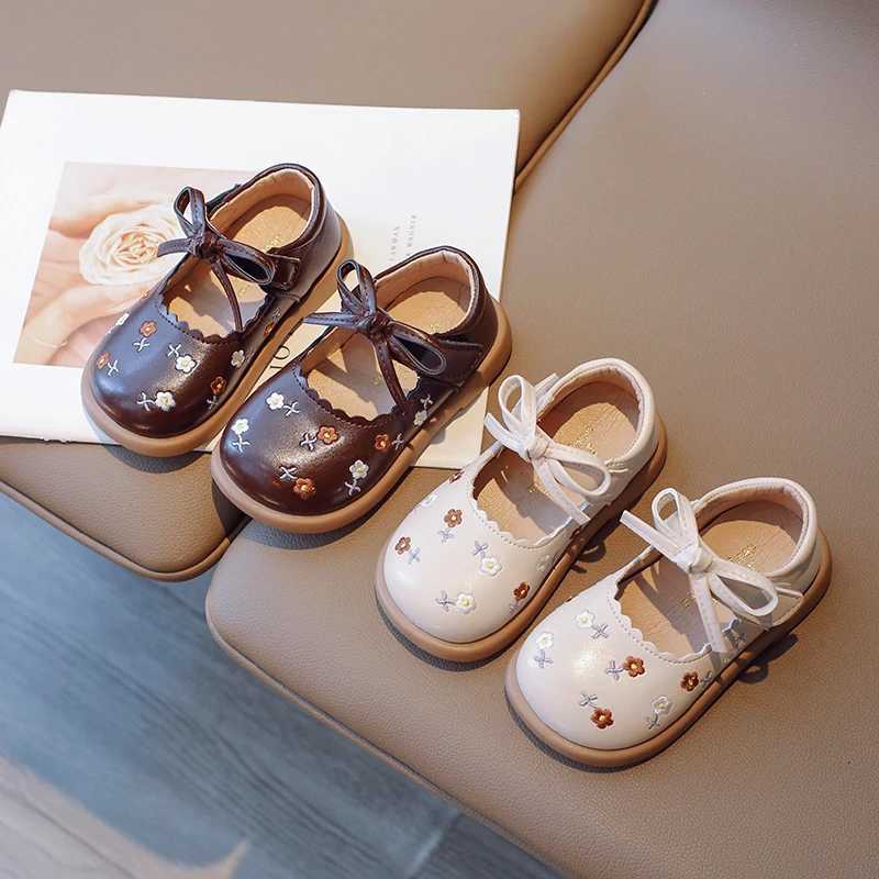 Little Girls Autumn Leather Shoes Flower Embroider Classic Children Flat Shoe Beige Brown Shallow 21-30 Toddler Kids Mary JanesT250306