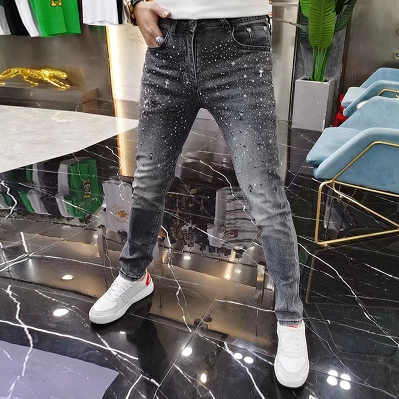 2023 Spring Trendy Brand Jeans Mens Light Grey Heavy duty Hot Diamond Fashion Casual Slim fit Small Leg Pants241206