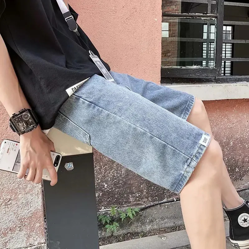 Mens Denim Shorts with Pockets Straight Original Blue Short Jeans Pants for Men in Emo Y2k Fashion Jorts Xxxl Korean Buttons 250306