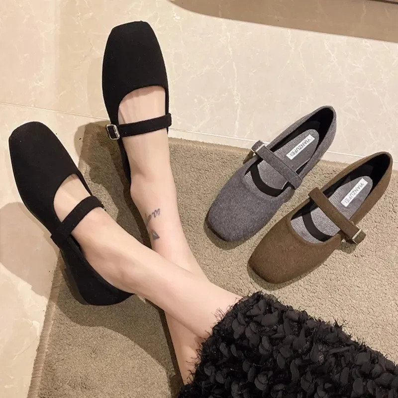 Womens Felt Mary Janes Shoes Square Toe Ballet Flats for Female Fashion Buckle Strap Ladies Shoes Spring Autumn 250306