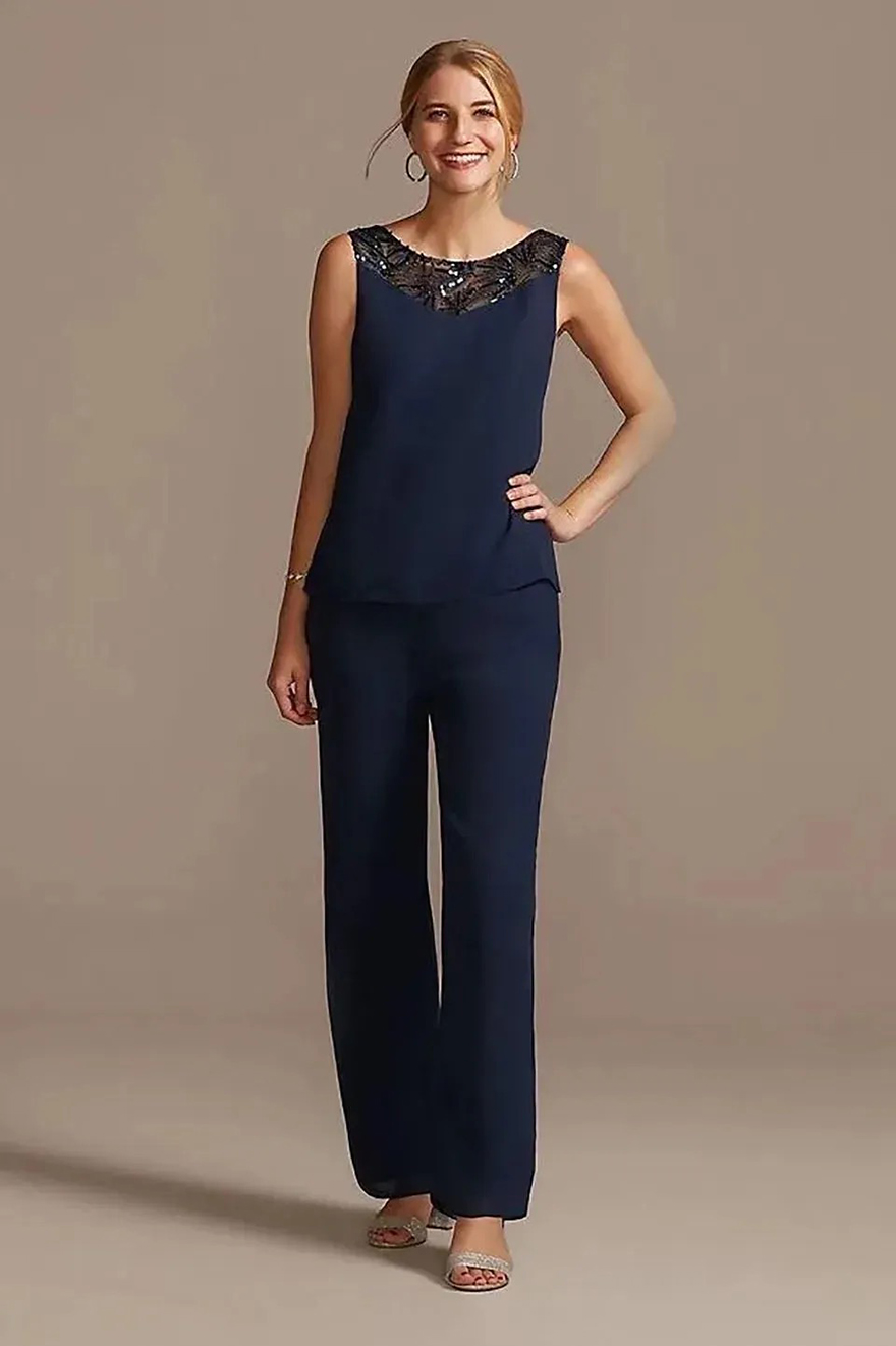 3 Pieces Dark Navy Chiffo Mother Of The Bride Pats Suits With Jacket Sequis Beaded Simple Weddig Guest Dress Log Sleeves Elegat Groom Mom Formal Party
