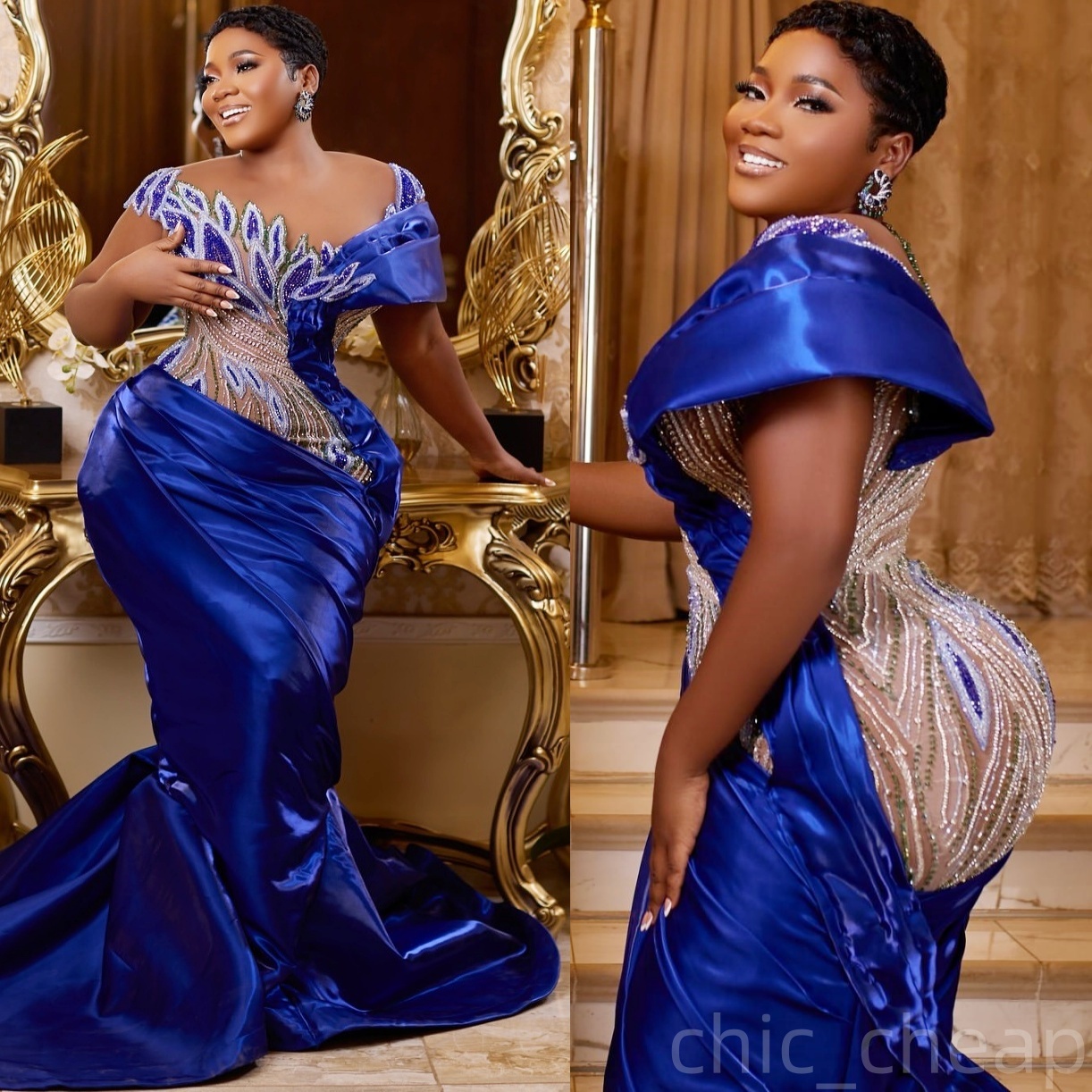 Mermaid Royal Blue Prom Dresses 2025 Satin Crystals Beaded Sheer Neck Evening Formal Party Second Birthday Engagement Gowns Plus Size Dress For Specia