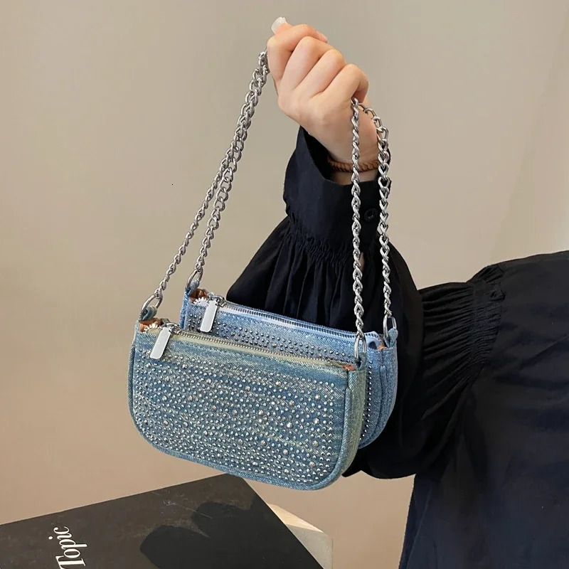 Womens Rivet Denim Crossbody Clutch Bags Versatile Chain Single Shoulder Sequined Handbags Female All-match Zipper Phone Purse 250306