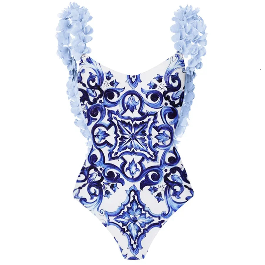 Retro One Piece Swimsuit Backless Applique Blue and White Porcelain Printed Pwimsuit Suit Women 250306