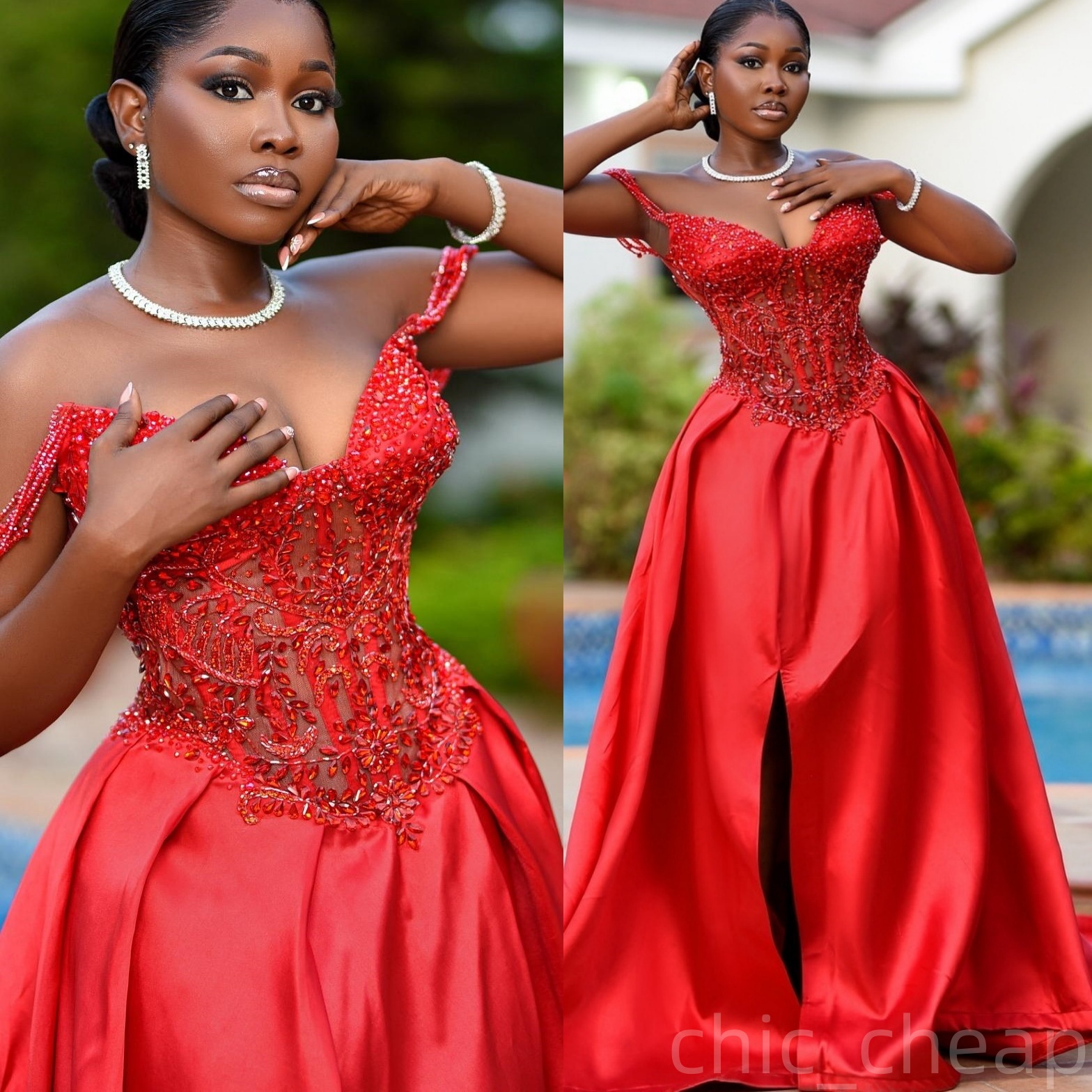 Red A-line Prom Dresses 2025 Beaded Crystals Satin High Split Evening Formal Party Second Birthday Engagement Gowns Plus Size Dress For Special Occasi