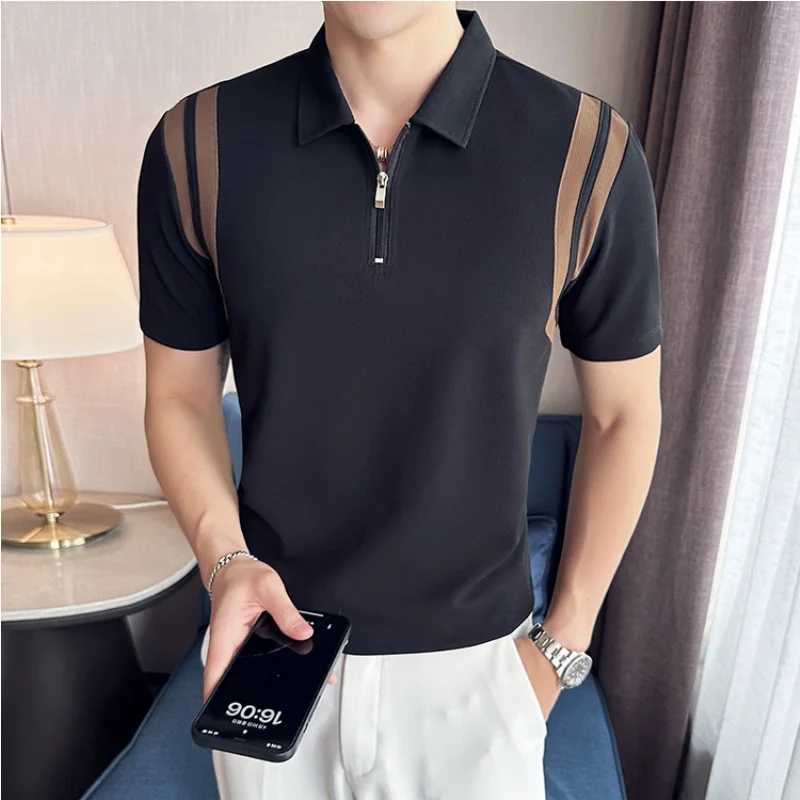 Summer High Elastic Stripe Short Sleeve Polo Shirts 2023 Mens Business Casual Zipper T-shirt Tops Streetwear Plus Size 4XL-M X250306