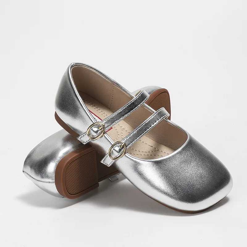 Girl Kids Leather Shoes Spring Autumn Fashion Square Toe Princess Dance Shoes Gold Silver Soft Sole Children Girls Shoes CSH1569T250306