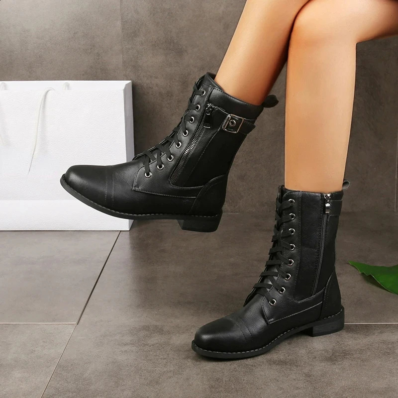 Plus Size Retro Women Western Boots Punk Lace Up Buckle Motorcycle Boots Zipper Mid Calf Boots Ladies Short 250305