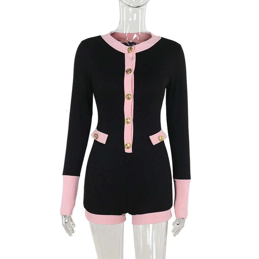 Sibybo Contrast Color Patchwork Playsuit Women Fashion Buttons O Neck Long Sleeve Slim Rompers Basics Bodycon Shorts Jumpsuits KLMY