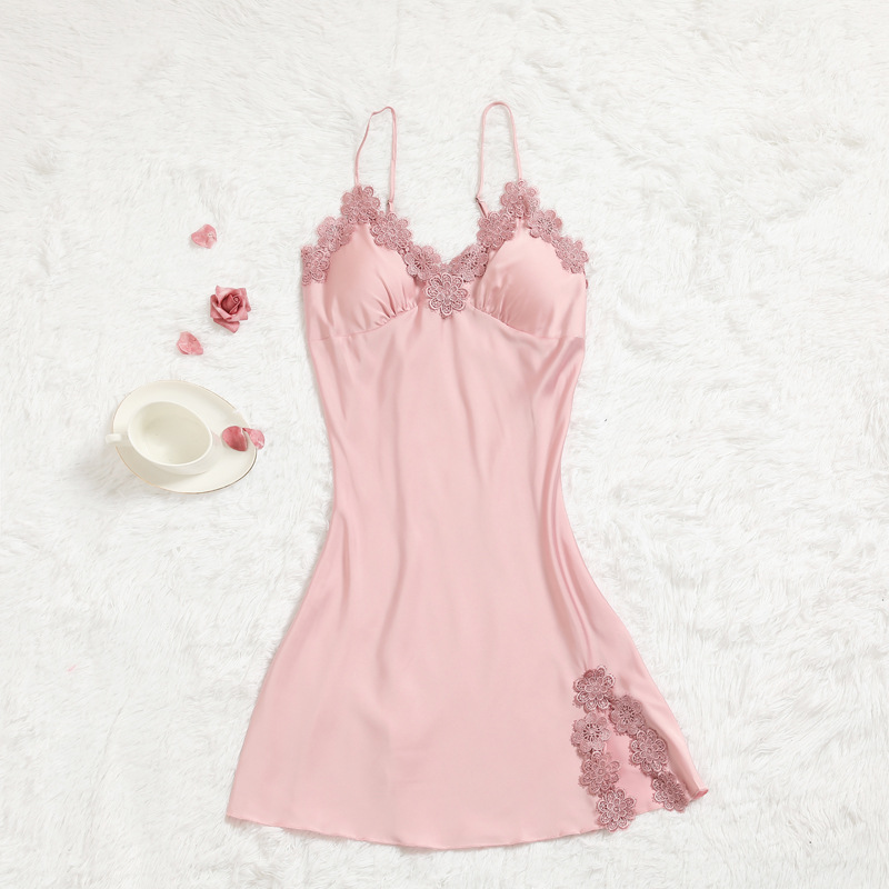 Chic Women's Boudoir Outfit - Simulated Silk Pajama Set Featuring Delicate Lace Design