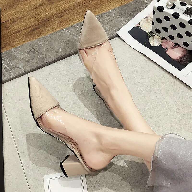 2025 Summer Slippers High Heel 7CM Solid PVC Shoes for Women Outside Wear Suede Slides atos Pointed Sandalias Mujer Verano