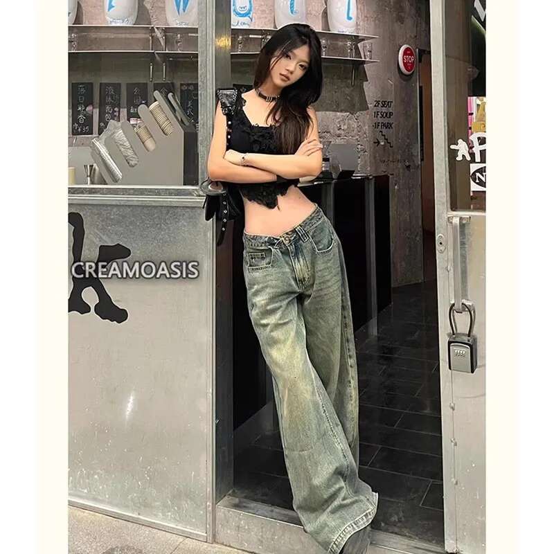 Blue Women's Jeans Hip-Hop Fashion Vintage Streetwear Y2k Wide Leg Straight Jean High Waist Trouser Classic Baggy Denim Pants