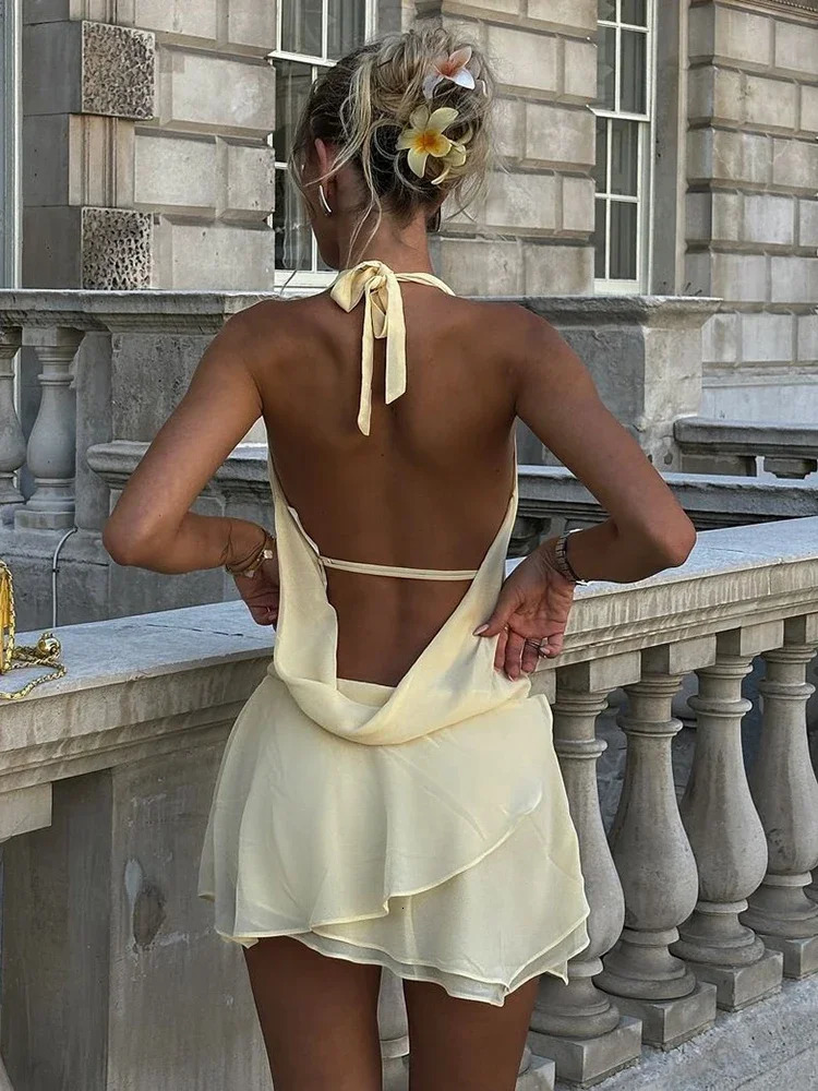 TARUXY Draped Sexy Backless Halter Mini Dress Womens Elegant See Through Deep V Neck Lace Up Mesh Holiday Beach Female Dress 250306
