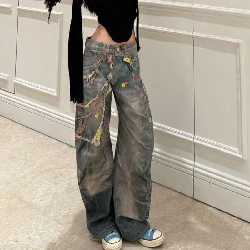 Women's Jeans, Loose Chain Printed Wide Leg Pants, Fashion Versatile High Quality Trousers, Spring, New, 2025, Y2k