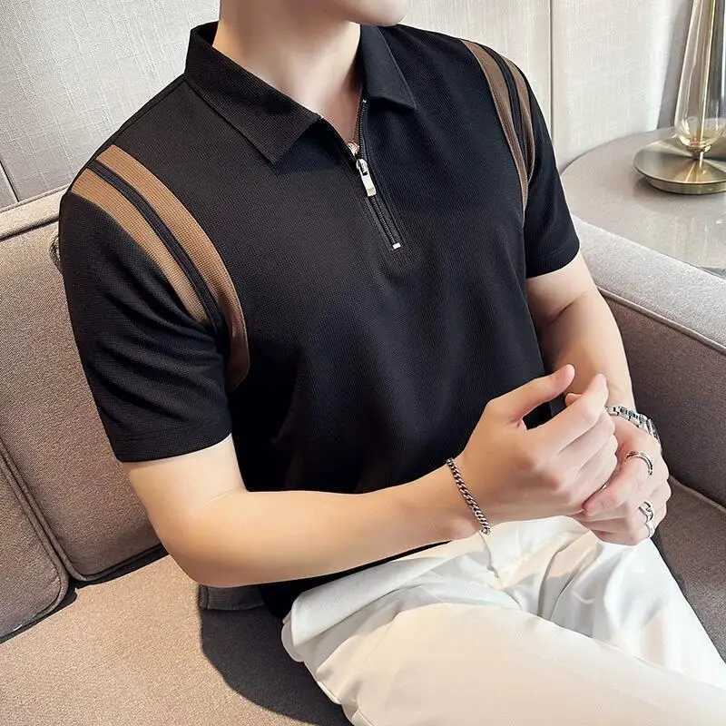 Summer High Elastic Stripe Short Sleeve Polo Shirts 2023 Mens Business Casual Zipper T-shirt Tops Streetwear Plus Size 4XL-M X250306