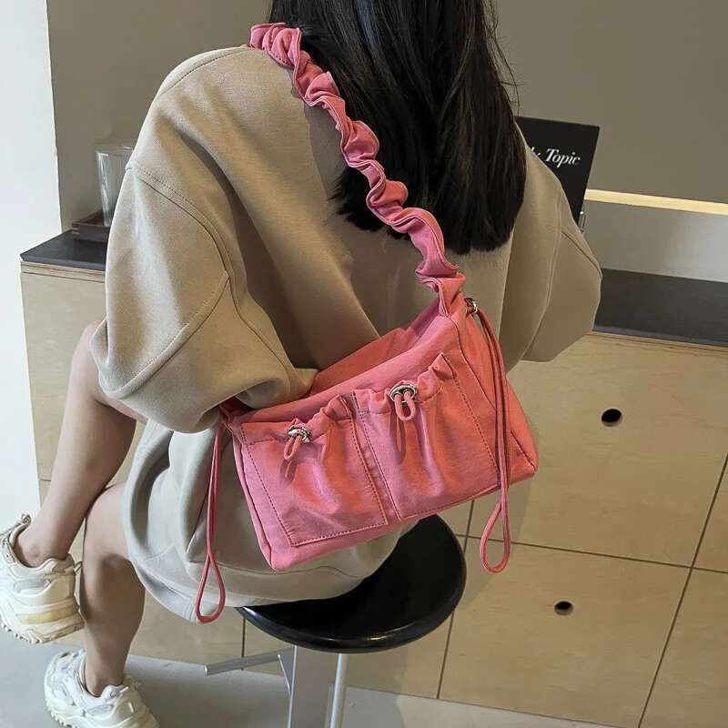 Pleated Design Shoulder Cross Body Bags Nylon Fabric Multi Pockets Satchels Drawstring Messenger Bag 2024 Latest Fashion Handbag
