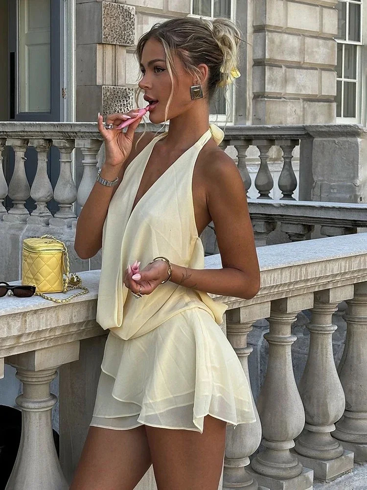 TARUXY Draped Sexy Backless Halter Mini Dress Womens Elegant See Through Deep V Neck Lace Up Mesh Holiday Beach Female Dress 250306