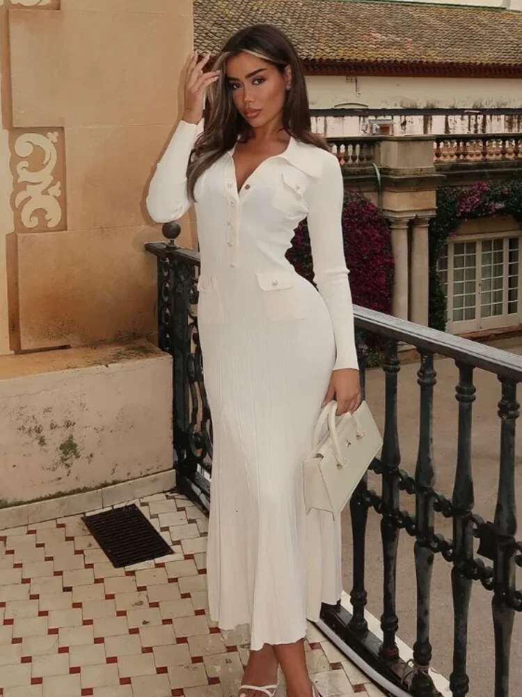 Knitted Elegant Party Woman Slim Lapel Button Pockets Long Dresses Office Lady Full Sleeve Ribbed Robes 2025 Spring New