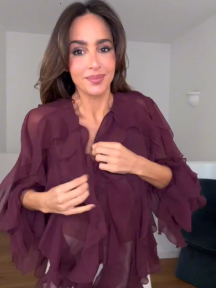 Fashionable womens multilayer pleated shirt sexy See Through Vneck long sleeved single chest Tshirt Spring solid top 250306