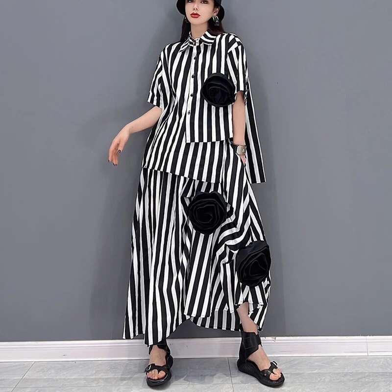 Korean Style Tie Wers Decorated Loose Fit Two Pieces Set Woman Summer Oversized Striped Blouse Shirt And Skirt Outfit Jjse016