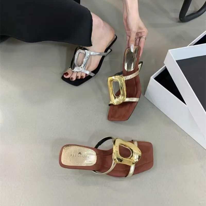 Wens Fi High heeled Slippers Summer New Square Hollow Metal Square Button Sandals Y250306