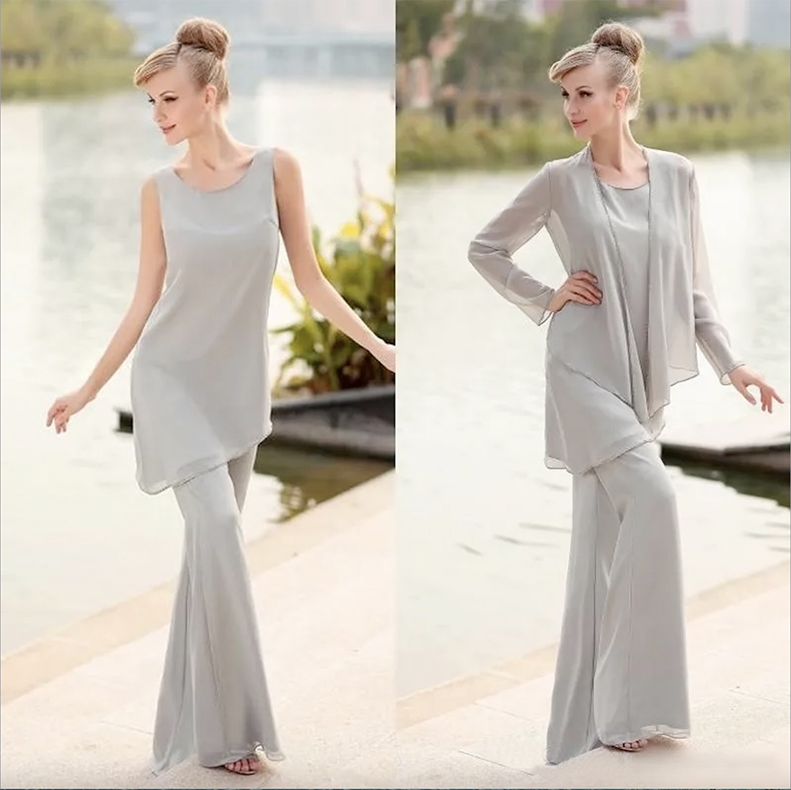 2025 Silver Three Pieces Mother of the Bride Pant Suits Long Chiffon Formal Mother of the Bridal Suits with Long Sleeves Jacket