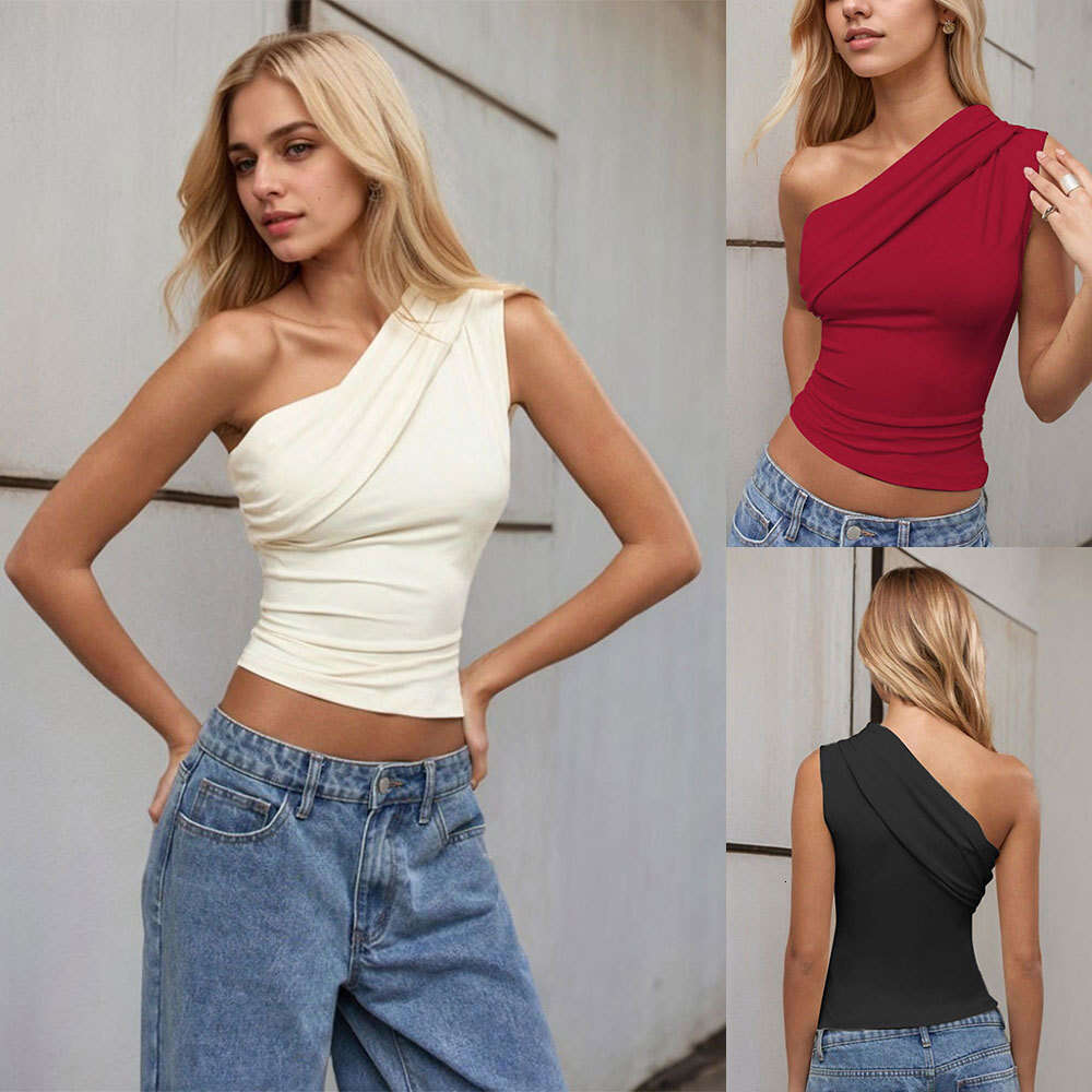 2025Ins Women's Sexy One T-Shirt Spring/Summer New Style Slant Neck Off Shoulder Pure Desire Top KLMY