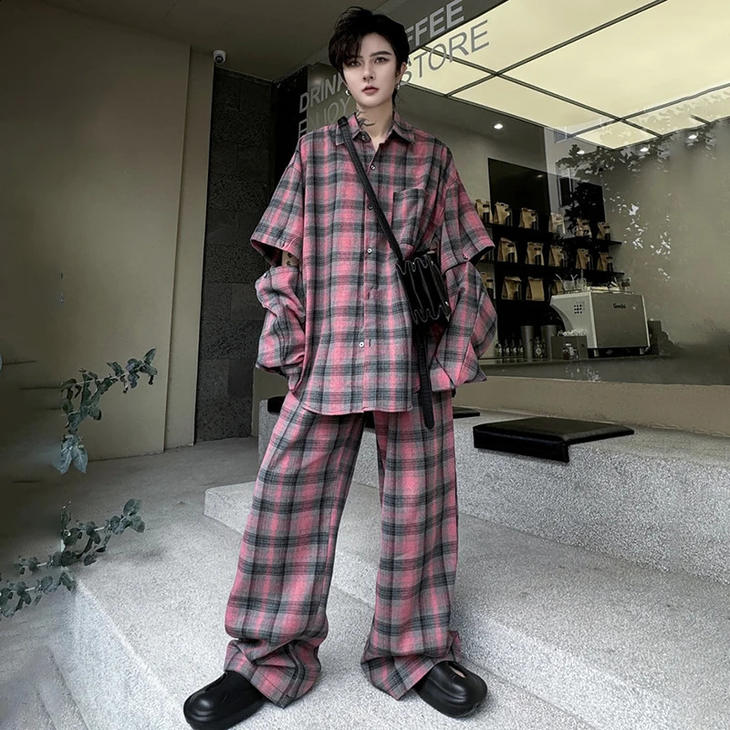LUZHEN Stylish Detachable Sleeve Plaid Printed Two-piece Sets Trendy Loose Straight Pants Mens Shirts LZ2424 250303