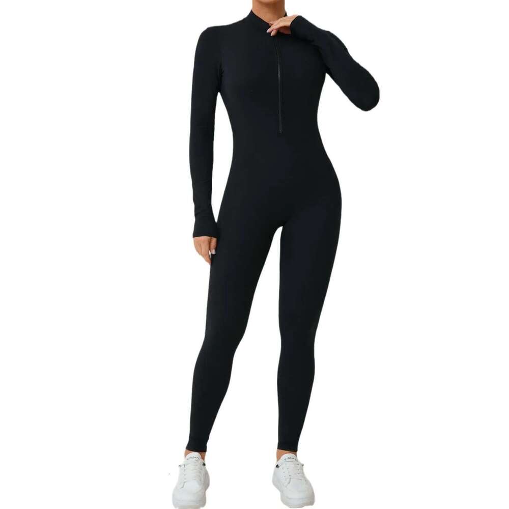 New Nylon Pad Zipper Women Tracksuit Yoga Set One Piece Jumpsuit Workout Scrunch Legging Rompers Sport Gym Active Suit Exercise KLMY