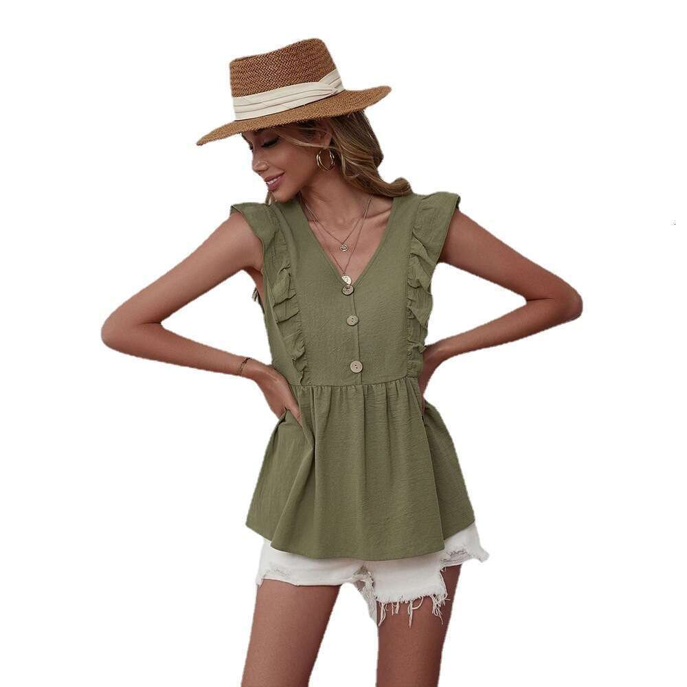 Women's Loose Casual Ruffled V-Neck Sleeveless Women's Shirt Vest Top KLMY