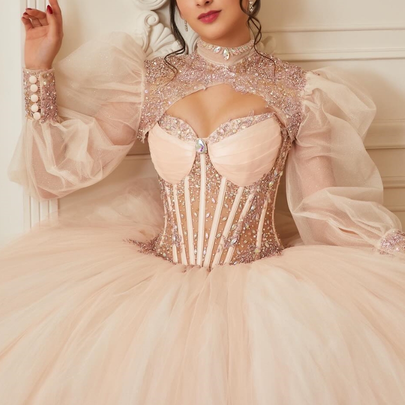 Champagne Shiny Quinceanera Dress Applique Lace Beads Tull With Cape Princess Ball Gown Sweet 16 Vestidos 15 De XV Anos Party Gown