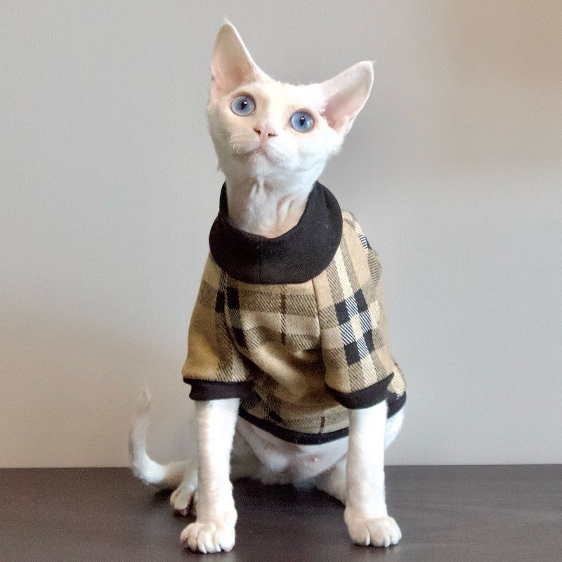 Hairless Cat Clothes Pet Warm Clothes for Sphynx, Devon, Cornish Cat Warm Shirt Apparel for Cats Pet Onesies Checkered Cotton Shirt for Cats Kitten