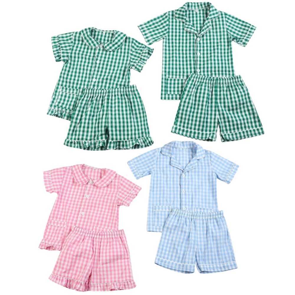 1-12 Years Kids Pajamas 100% Cotton Plaid Seersucker Soft Sibling Outfits Pjs Loungewear Baby Boys Girls Pajamas Sets M250306