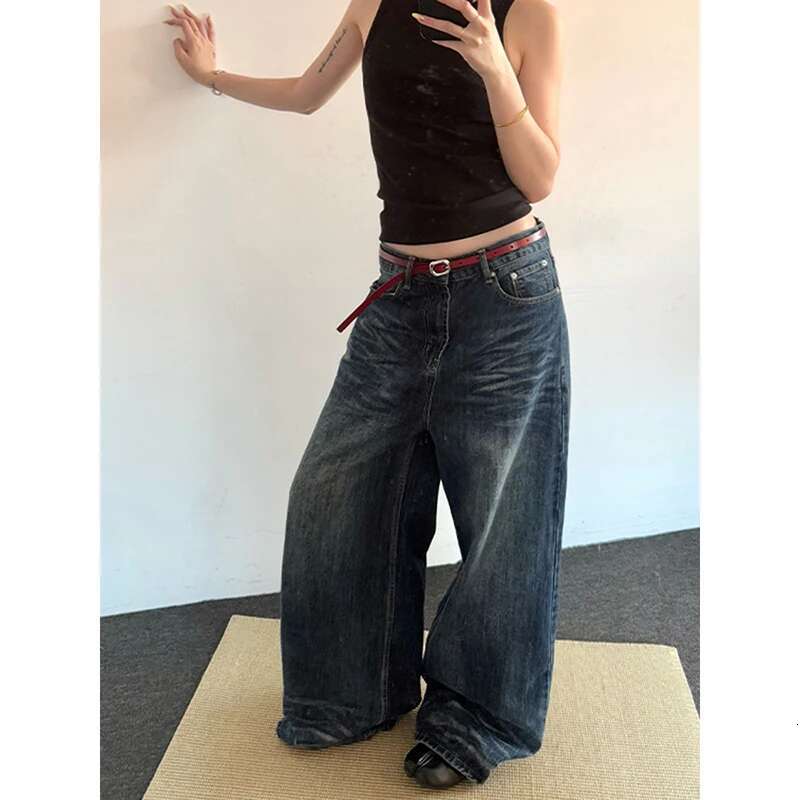 2025 Spring Vintage 2000S Loose Washed Do Old Wide Leg Pants Women's Haruku Casual Jeans Y2k Baggy Blue Denim Trouser