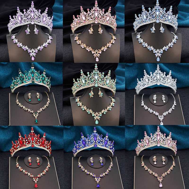 Bridal tiaras and crowns with necklace earring set for Wen Bride jewelry sets Girls wedding crown Party Birthday Gifts X250306