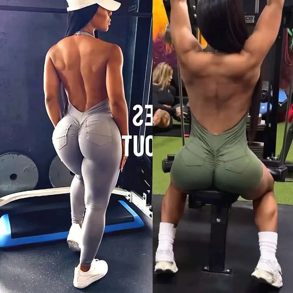 Pad Halter V Romper Women One Piece Jumpsuit Workout Yoga Set Open Back Clothing Scrunch Proof Butt Gym Active Suit KLMY