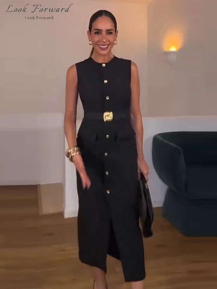 Elegant Midi Dress Woman O-Neck Single Breasted Sleeveless Pocket Dresses Female Front Slit Spring Summer Black Robe Lady Solid